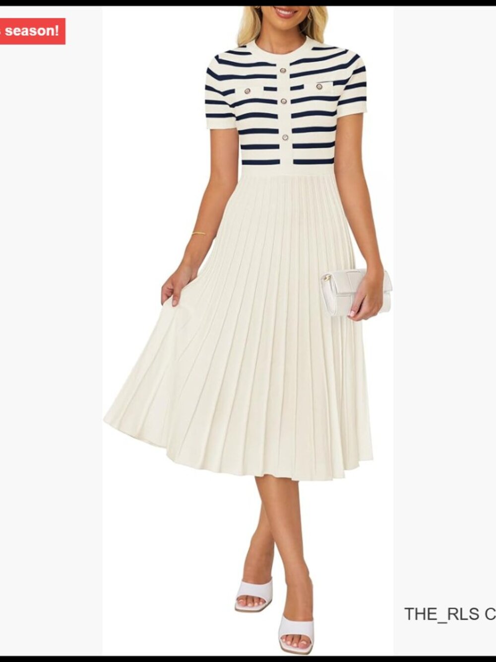 Striped Midi Dress Crewneck Short Sleeve Button Ribbed Knit Swing Pleated A Line